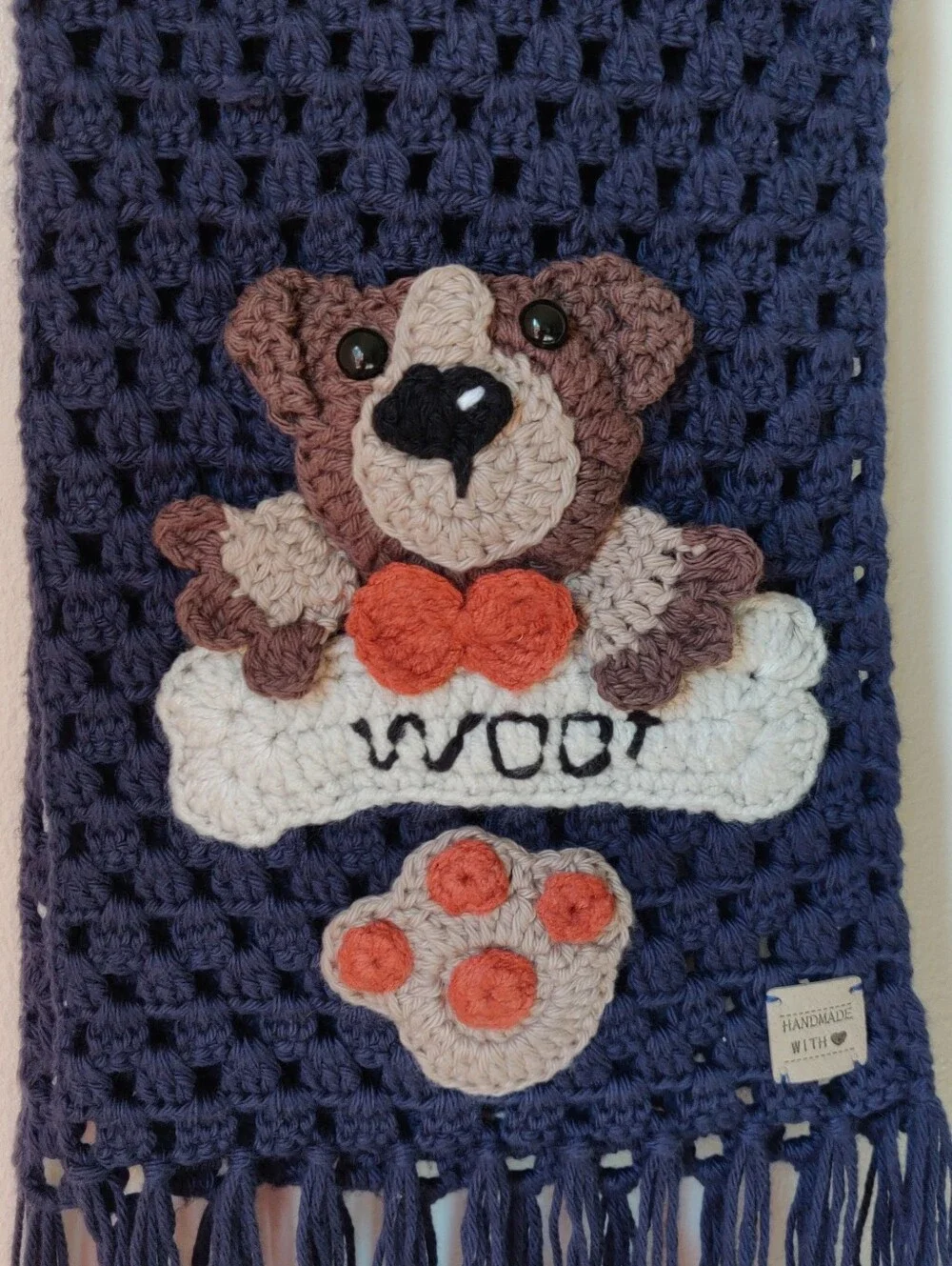 Handmade Crochet Dog Scarf - Navy with Dog Applique - 100% Cotton